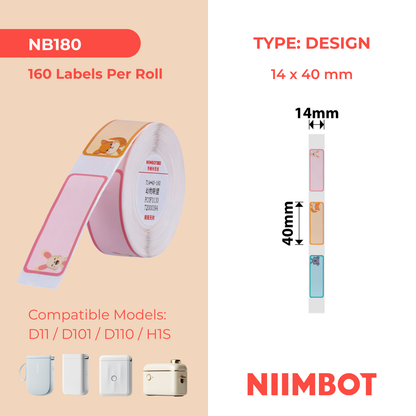 NB180 - NIIMBOT - D11 / D101 / D110 / H1S - 14X40MM - 160 LABELS PER ROLL- CUTE ANIMALS DESIGN