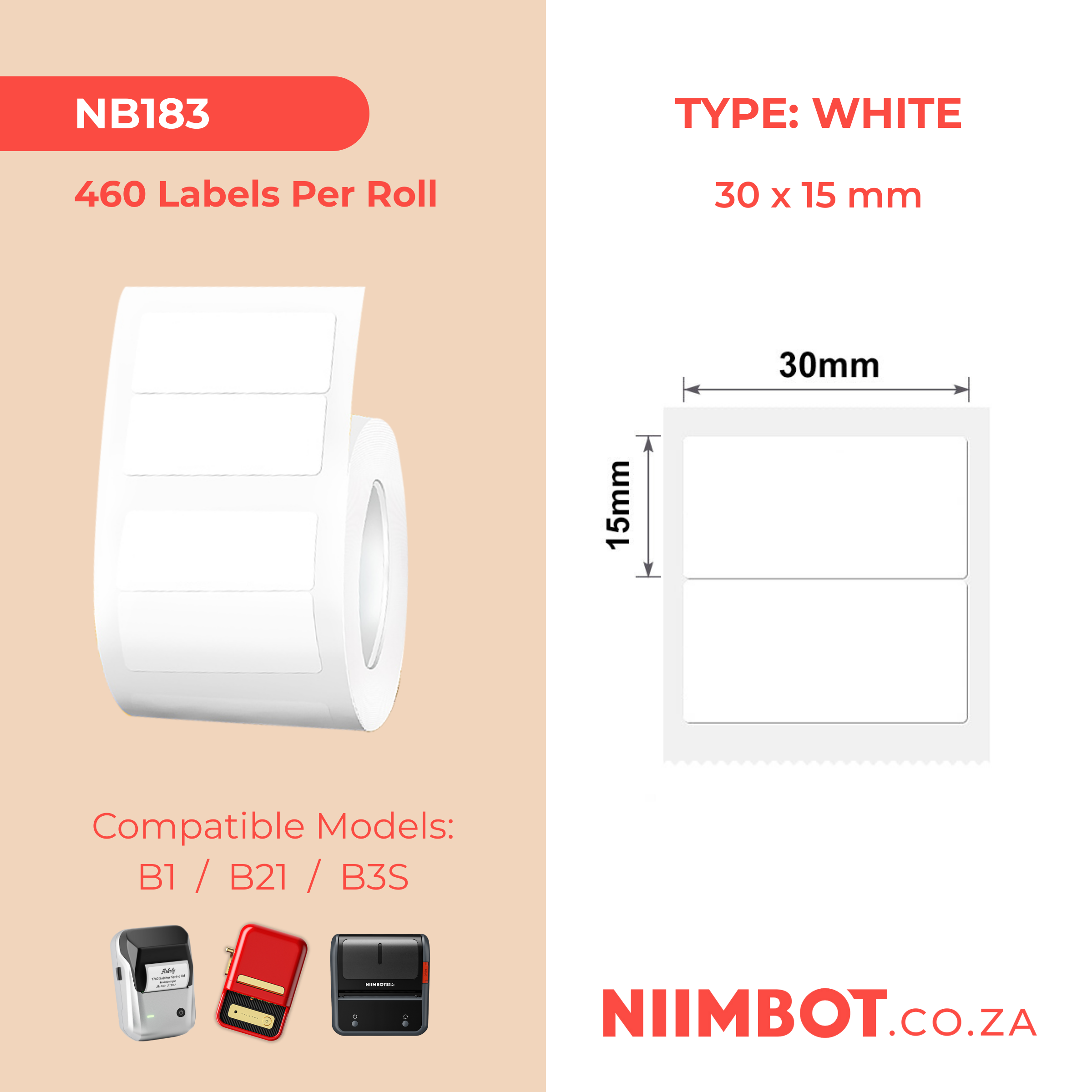 NB183 - NIIMBOT - B1 / B21 / B3S / B4 - 30X15MM/2R - 460 LABELS PER ROLL - WHITE