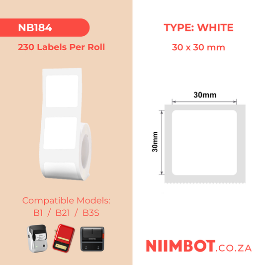 NB184 - NIIMBOT - B1 / B21 / B3S - 30X30MM - 230 LABELS PER ROLL - WHITE