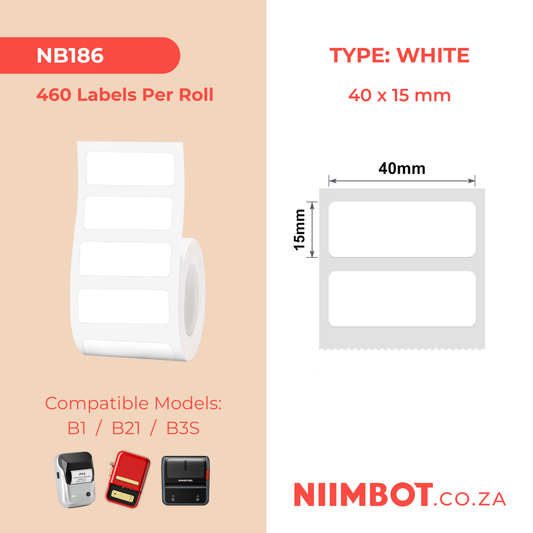 NB186 - NIIMBOT - B1 / B21 / B3S - T40*15MM/2R - 460 LABELS PER ROLL - WHITE