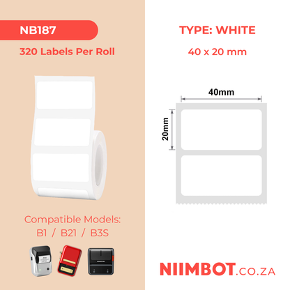 NB187 - NIIMBOT - B1 / B21 / B3S / B4 - 40X20MM - 320 LABELS PER ROLL - WHITE