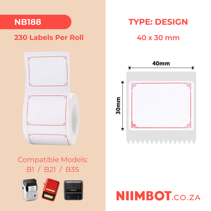 NB188 - NIIMBOT - B1 / B21 / B3S / B4 - 40X30MM - 230 LABELS PER ROLL - RED BORDER DESIGN