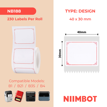 NB188 - Niimbot - B1 / B21 / B31 / B3S / B4 - 40x30mm - 230 Red Border Labels
