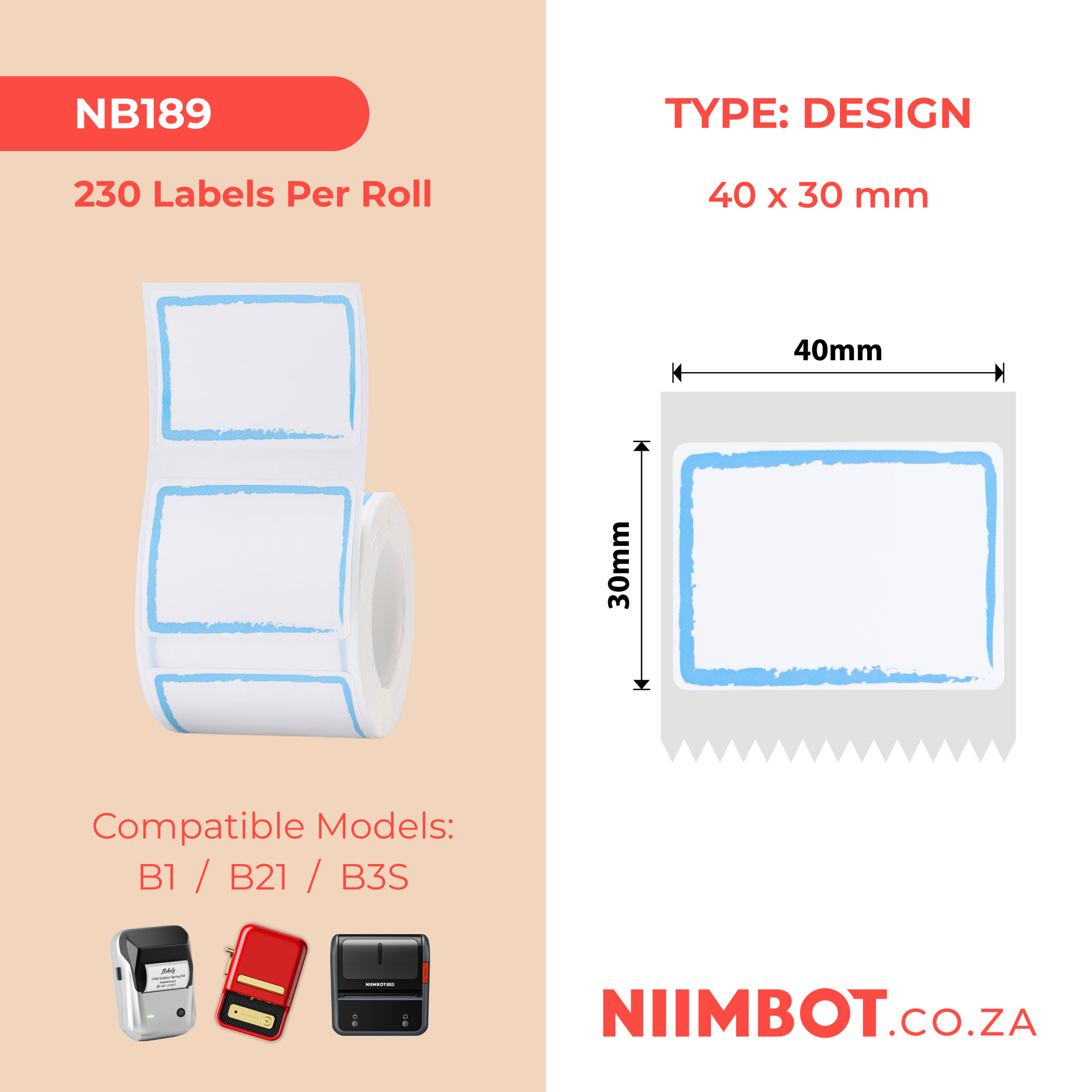 NB189 - NIIMBOT - B1 / B21 / B3S / B4 - T40X30MM - 230 LABELS PER ROLL - BLUE BORDER DESIGN