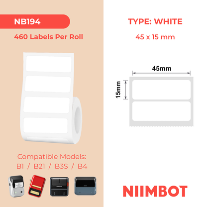 NB194 - NIIMBOT - B1 / B21 / B3S / B4 - T45X15MM/2R - 460 LABELS PER ROLL - WHITE