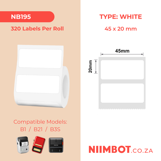 NB195 - NIIMBOT - B1 / B21 / B3S - 45X20MM - 320 LABELS PER ROLL - WHITE
