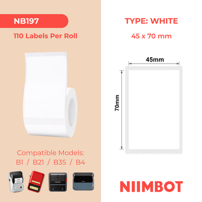 NB197 - NIIMBOT - B1 / B21 / B3S / B4 - 45X70MM - 110 LABELS PER ROLL - WHITE