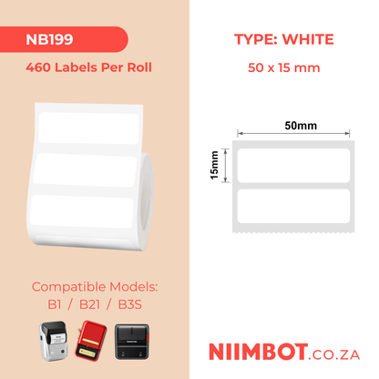 NB199 - NIIMBOT - B1 / B21 / B3S / B4 - T50X15MM/2R - 460 LABELS PER ROLL - WHITE