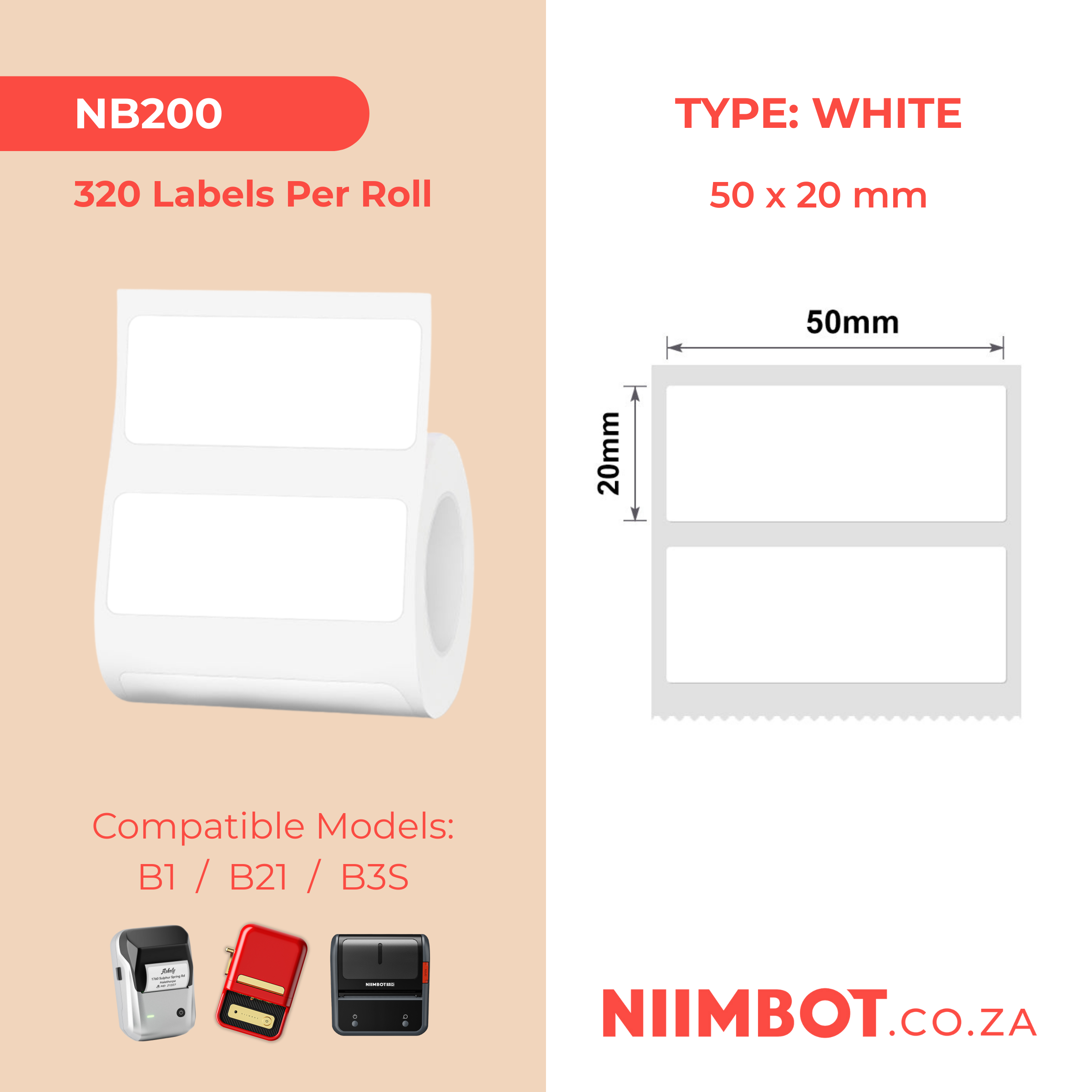NB200 - NIIMBOT - B1 / B21 / B3S / B4 - T50X20MM - 320 LABELS PER ROLL - WHITE