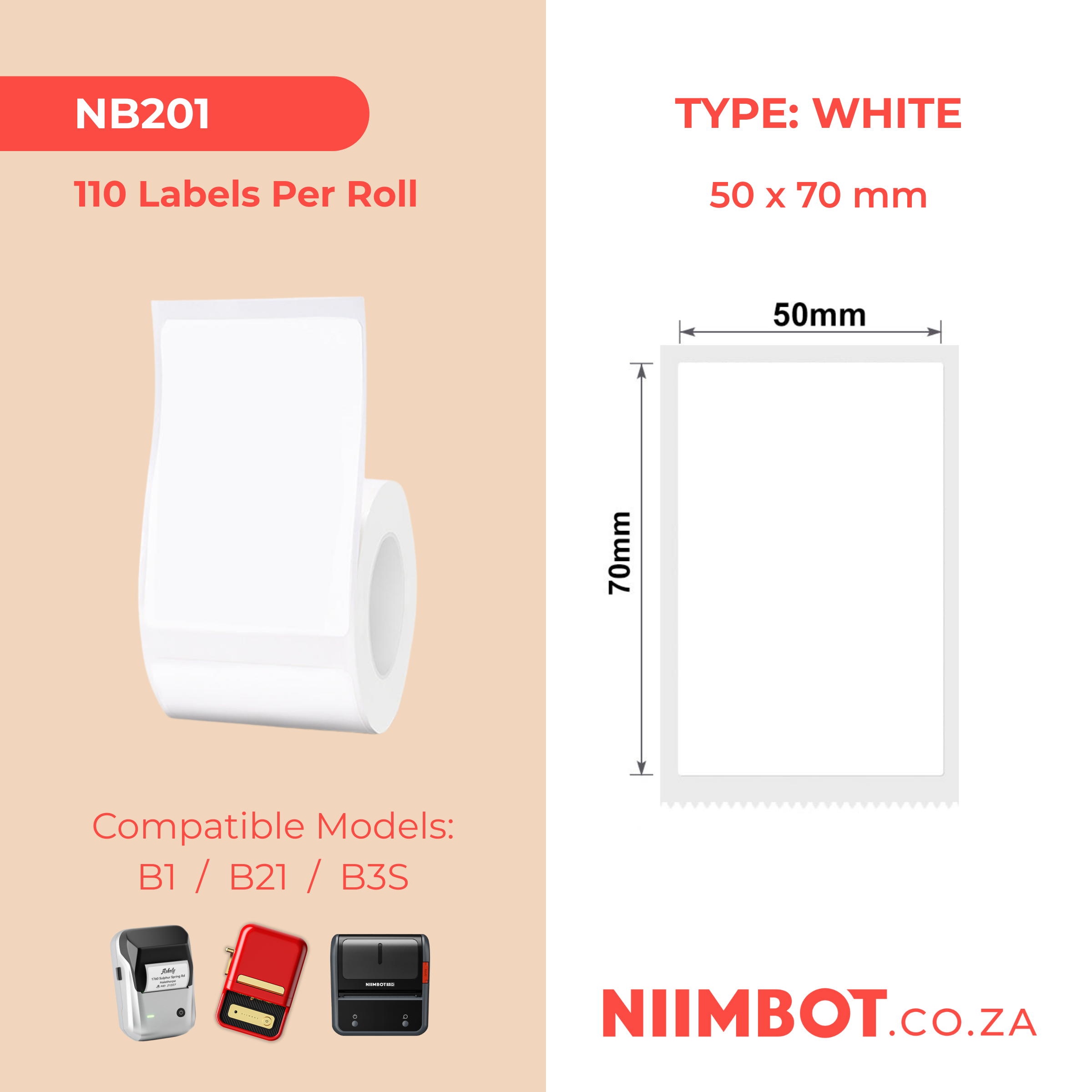 NB201 - NIIMBOT - B1 / B21 / B3S / B4 - T50X70MM - 110 LABELS PER ROLL - WHITE