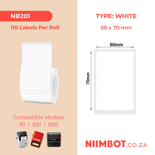 NB201 - NIIMBOT - B1 / B21 / B3S - T50X70MM - 110 LABELS PER ROLL - WHITE