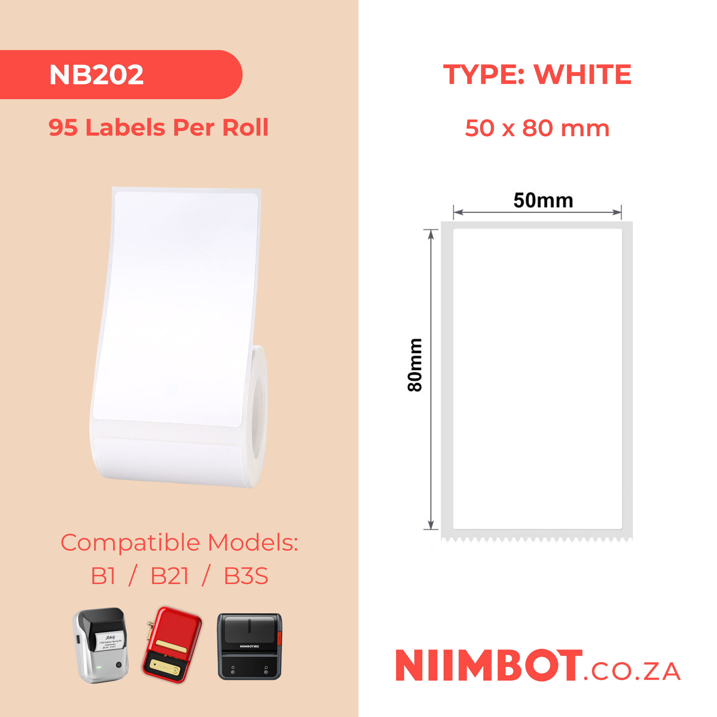 NB202 - NIIMBOT - B1 / B21 / B3S / B4 - T50X80MM - 95 LABELS PER ROLL - WHITE