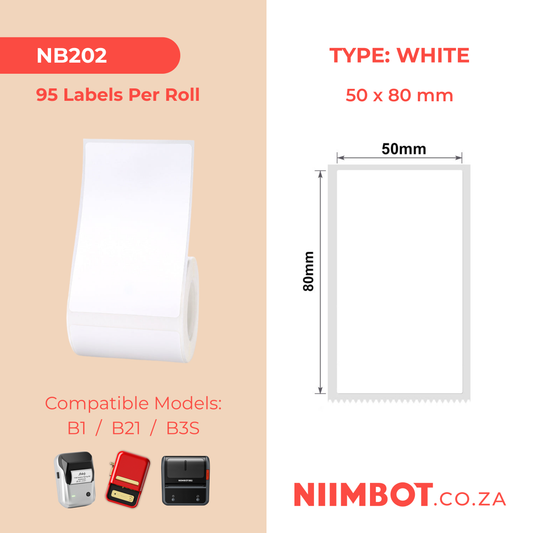 NB202 - NIIMBOT - B1 / B21 / B3S - T50X80MM - 95 LABELS PER ROLL - WHITE