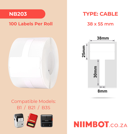 NB203 - NIIMBOT - B1 / B21 / B3S - T38X25+30MM - 130 LABELS PER ROLL - CABLE / JEWELLERY - WHITE