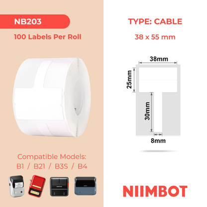 NB203 - NIIMBOT - B1 / B21 / B3S / B4 - T38X25+30MM - 130 LABELS PER ROLL - CABLE / JEWELLERY - WHITE