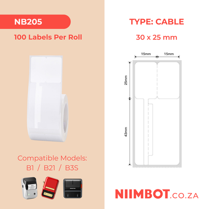 NB205 - NIIMBOT - B1 / B21 / B3S / B4 - T30X70MM (30X25+45) - 100 LABELS PER ROLL - WHITE - CABLE