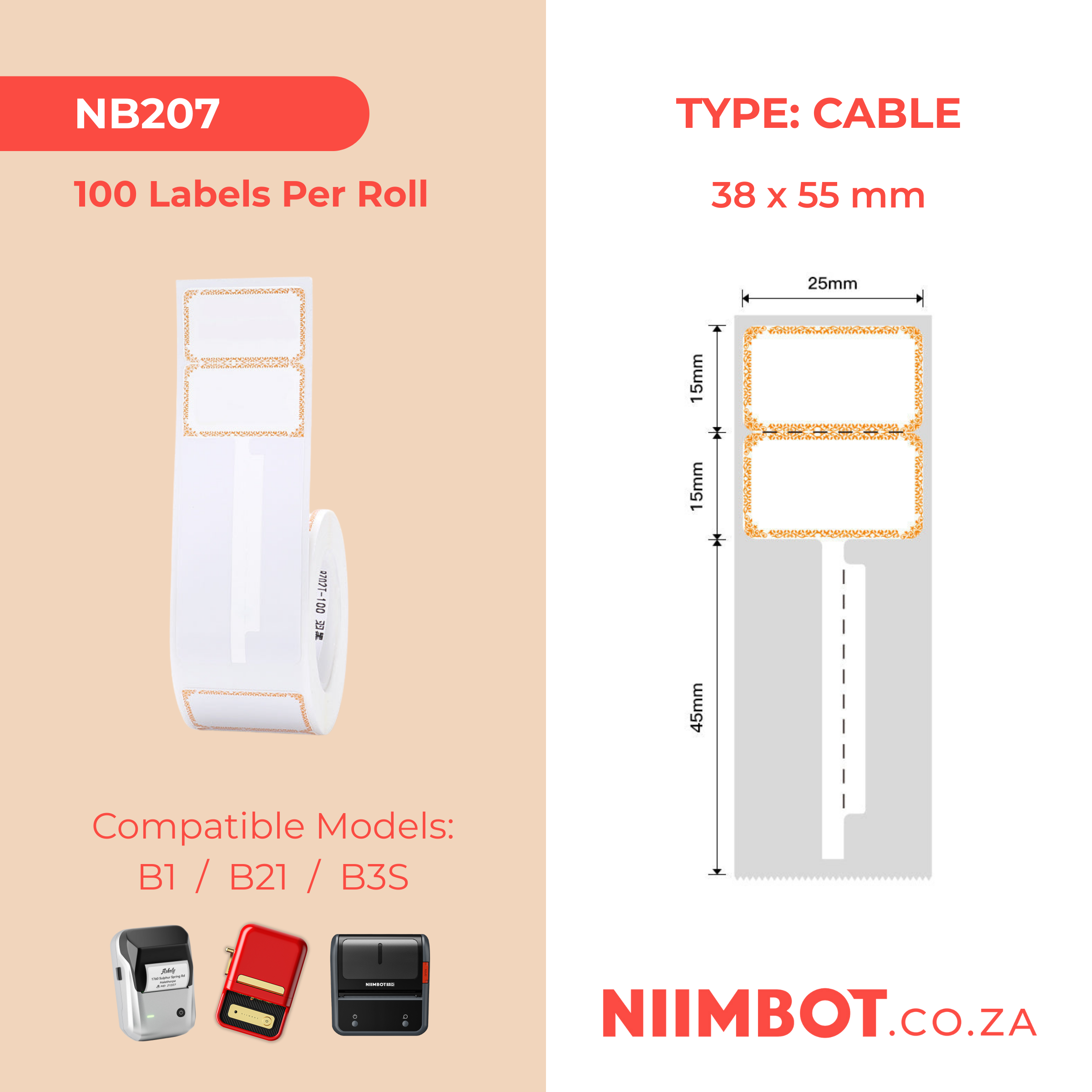 NB207 - NIIMBOT - B1 / B21 / B3S / B4 - R02T - 25X75MM (25X30+45) - 100 LABELS PER ROLL - ORANGE INK DESIGN