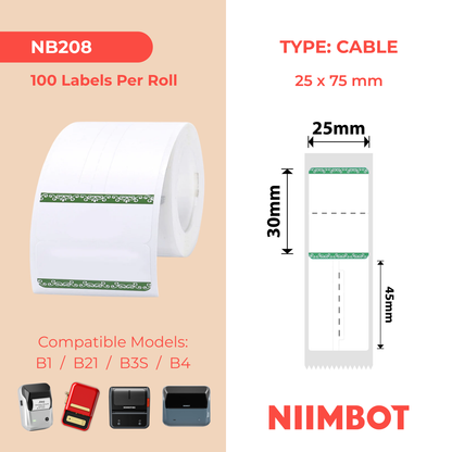 NB208 - NIIMBOT - B1 / B21 / B3S / B4 - 25X30+45MM - RING - 100 LABELS PER ROLL - GREEN BORDER DESIGN