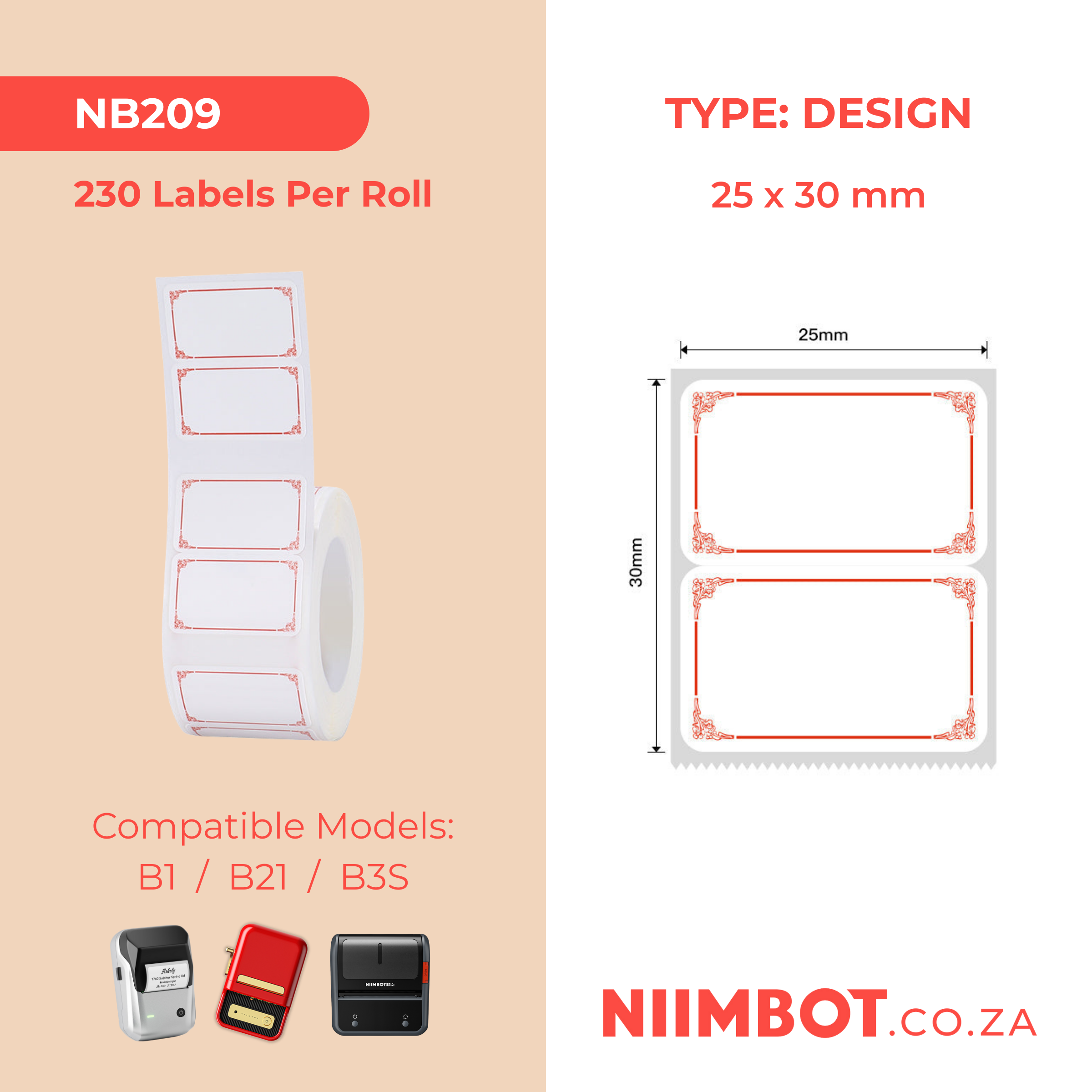 NB209 - NIIMBOT - B1 / B21 / B3S / B4 - 25X30MM - 230 LABELS PER ROLL - LIGHT RED DESIGN