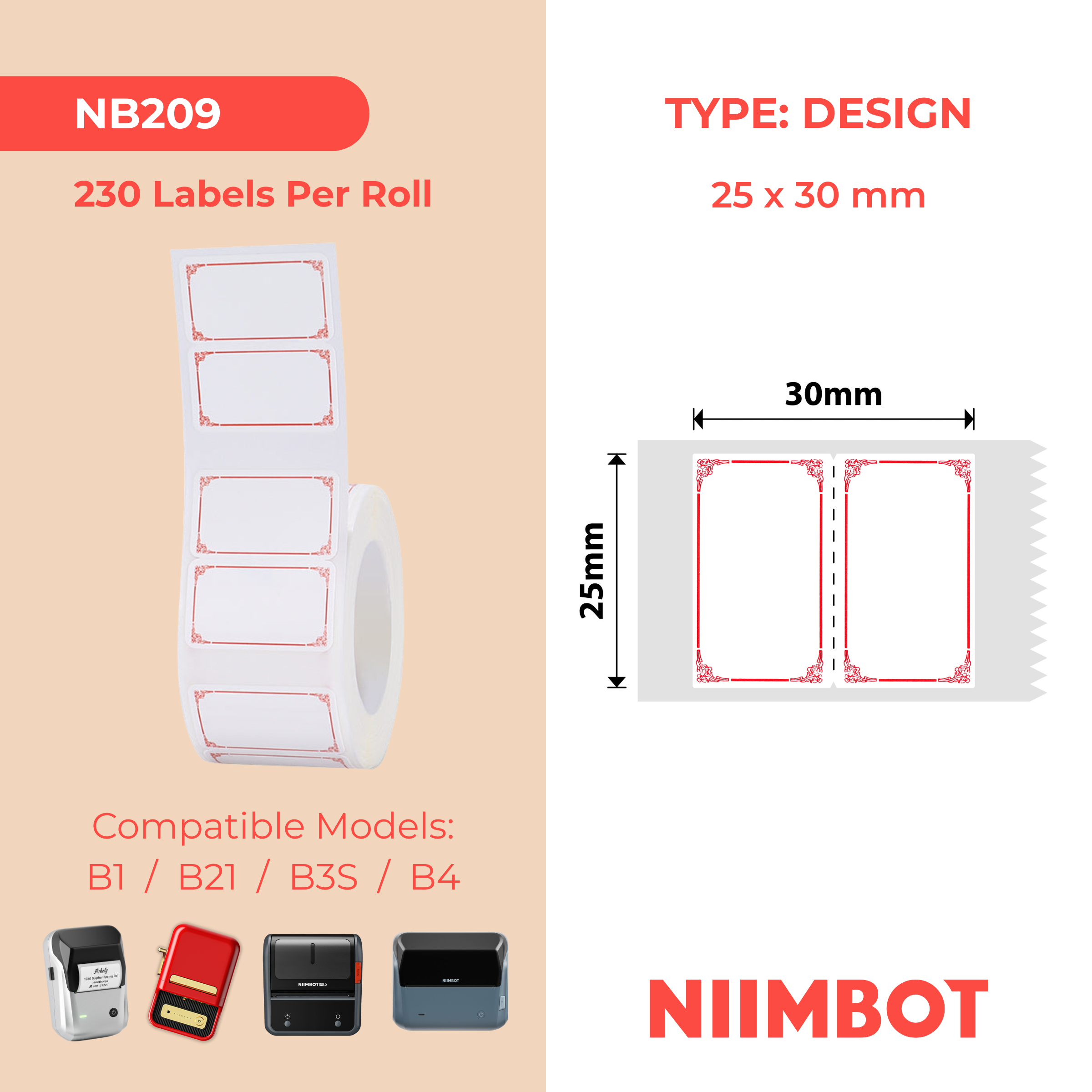 NB209 - Niimbot - B1 / B21 / B31 / B3S / B4 - 25x30mm - 230 Elegant Red Labels