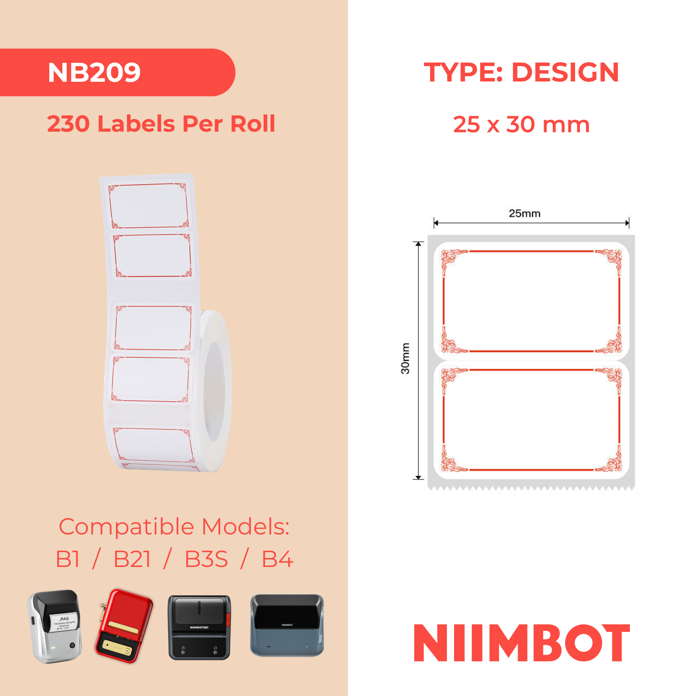 NB209 - NIIMBOT - B1 / B21 / B3S / B4 - 25X30MM - 230 LABELS PER ROLL - LIGHT RED DESIGN