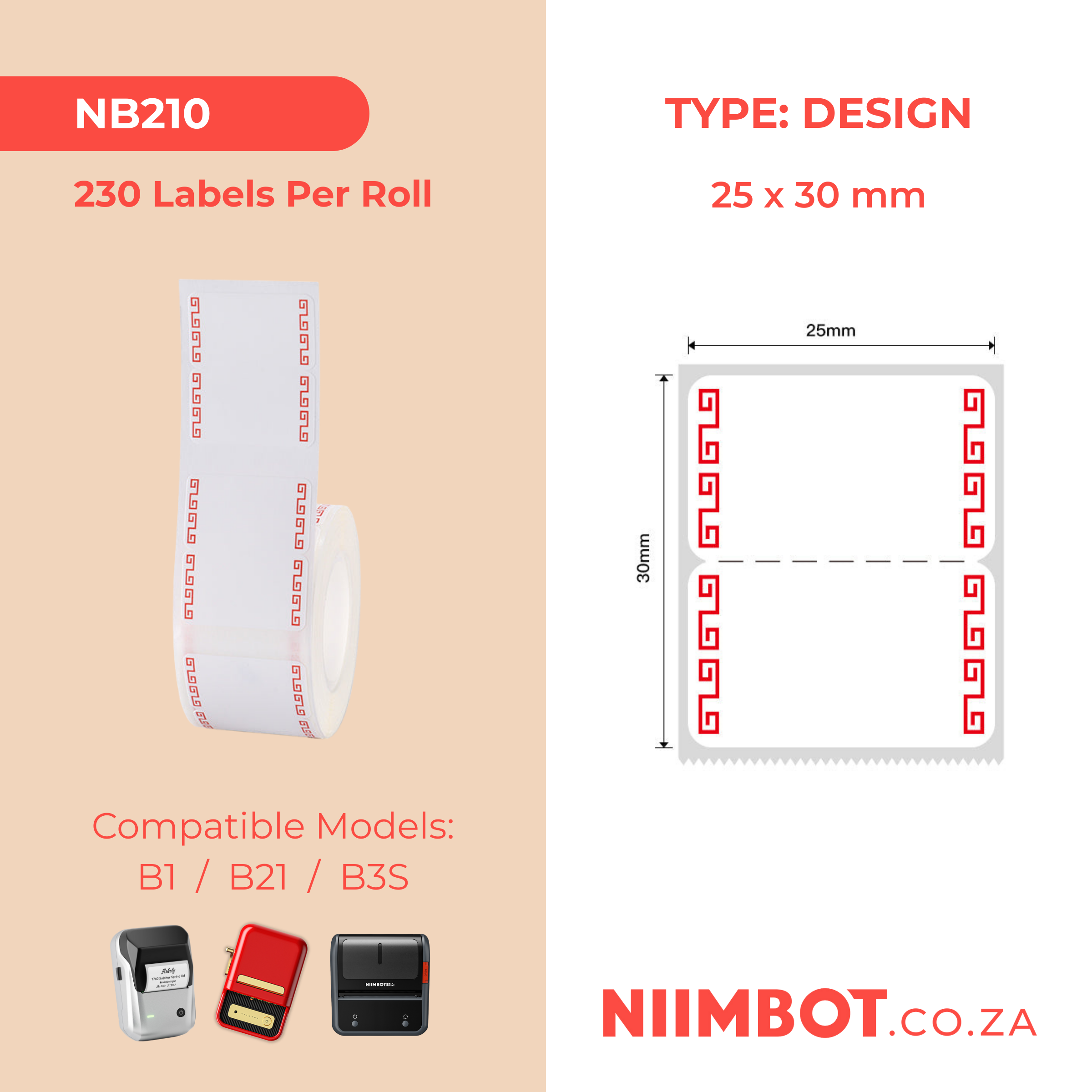 NB210 - NIIMBOT - B1 / B21 / B3S / B4 - 25X30MM - 230 LABELS PER ROLL - DEEP RED DESIGN