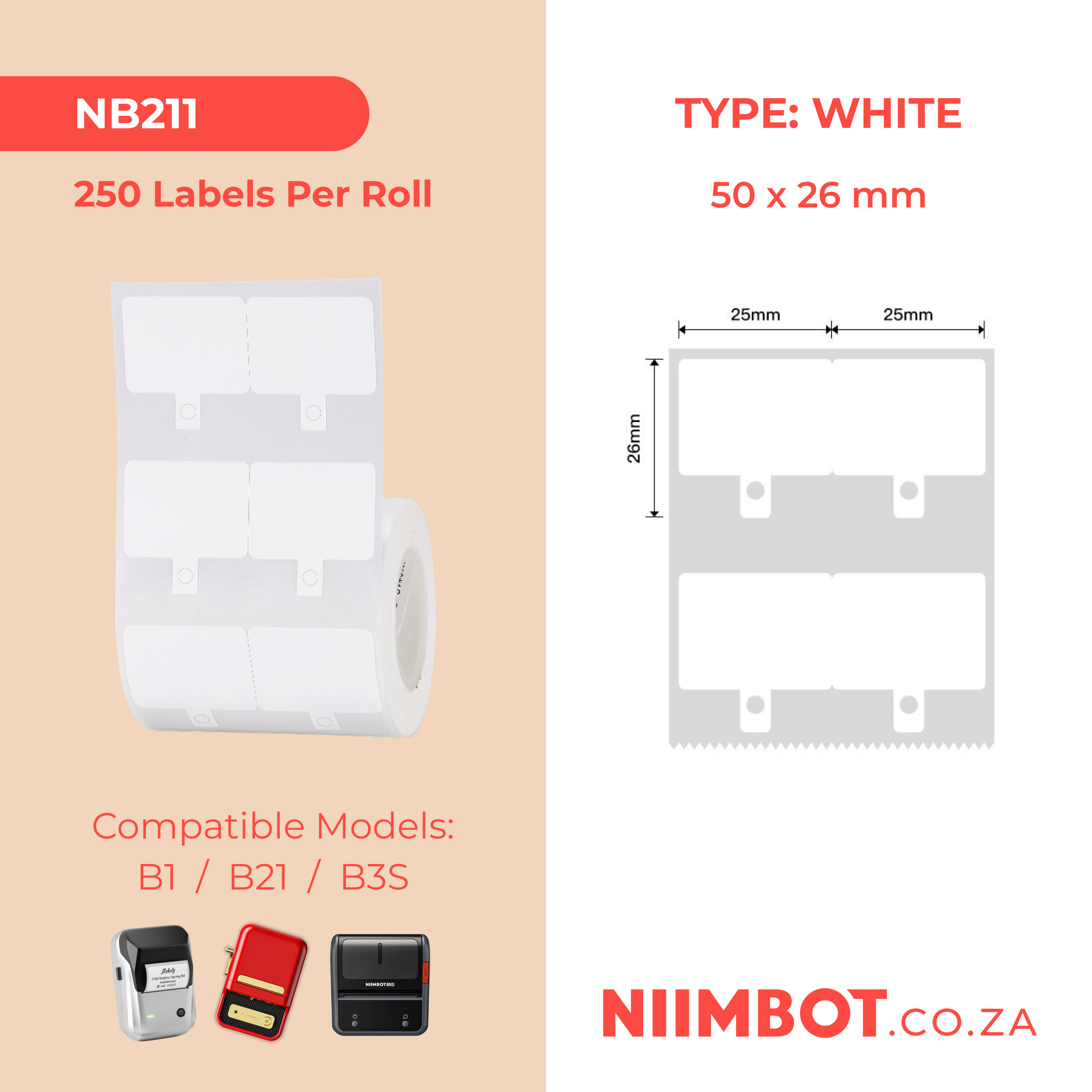 NB211 - NIIMBOT - B1 / B21 / B3S / B4 - 50X26MM - 250 LABELS PER ROLL - WHITE WITH HOLE