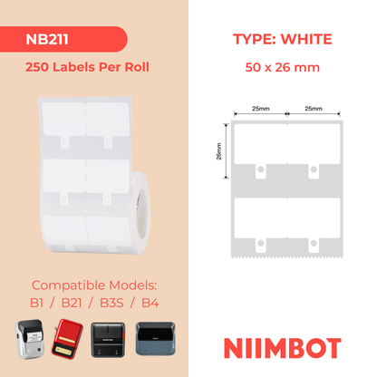 NB211 - NIIMBOT - B1 / B21 / B3S / B4 - 50X26MM - 250 LABELS PER ROLL - WHITE WITH HOLE