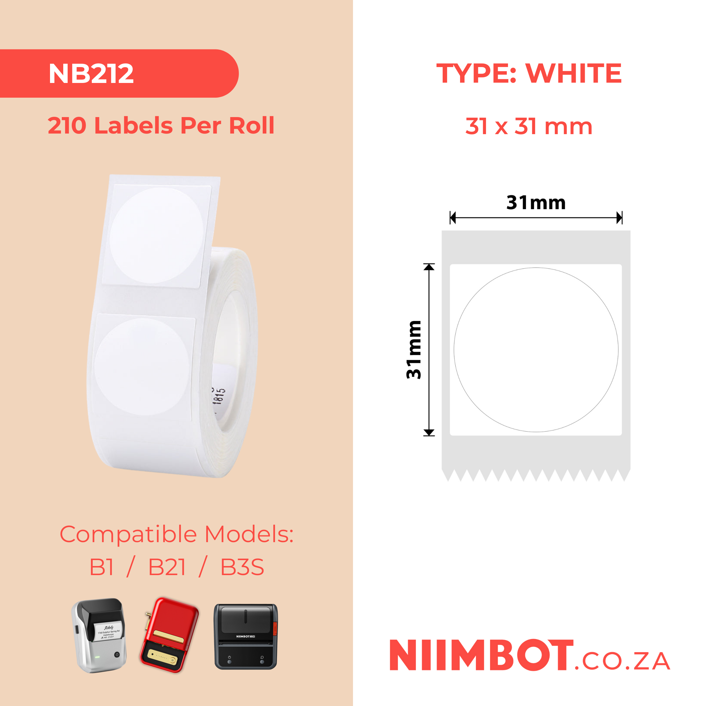 NB212 - NIIMBOT - B1 / B21 / B3S / B4 - 31X31MM - ROUND - 210 LABELS PER ROLL - WHITE