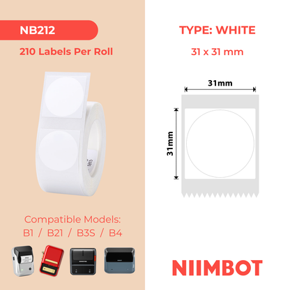 NB212 - NIIMBOT - B1 / B21 / B3S / B4 - 31X31MM - ROUND - 210 LABELS PER ROLL - WHITE