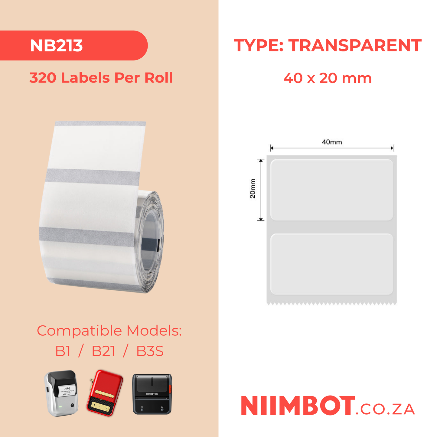 NB213 - NIIMBOT - B1 / B21 / B3S - T40X20MM - 320 LABELS PER ROLL - TRANSPARENT