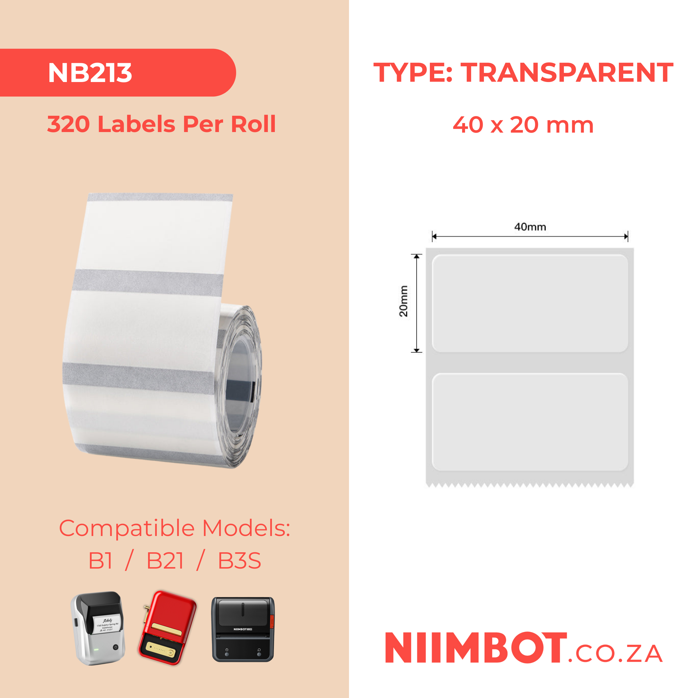 NB213 - NIIMBOT - B1 / B21 / B3S / B4 - T40X20MM - 320 LABELS PER ROLL - TRANSPARENT
