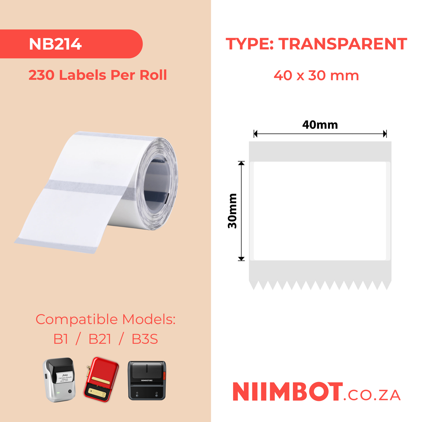 NB214 - NIIMBOT - B1 / B21 / B3S - TT40X30MM - 230 LABELS PER ROLL - TRANSPARENT