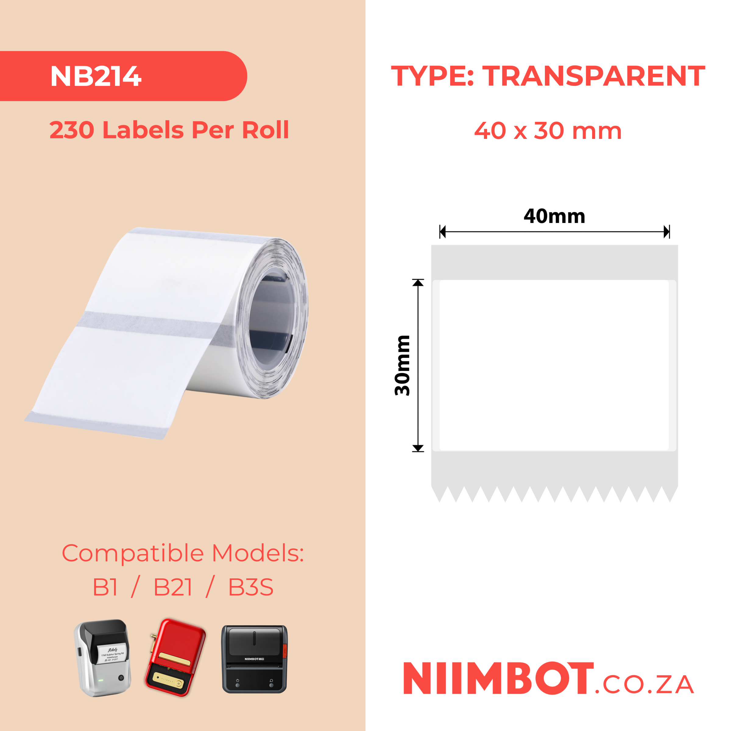 NB214 - NIIMBOT - B1 / B21 / B3S / B4 - TT40X30MM - 230 LABELS PER ROLL - TRANSPARENT