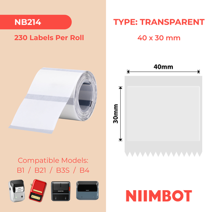 NB214 - Niimbot - B1 / B21 / B31 / B3S / B4 - 40x30mm - 230 Transparent Labels