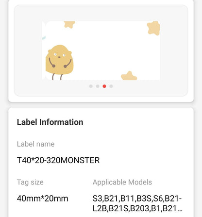 NB215 - NIIMBOT - B1 / B21 / B3S / B4 - T40X20MM - 320 LABELS PER ROLL - MONSTER DESIGN