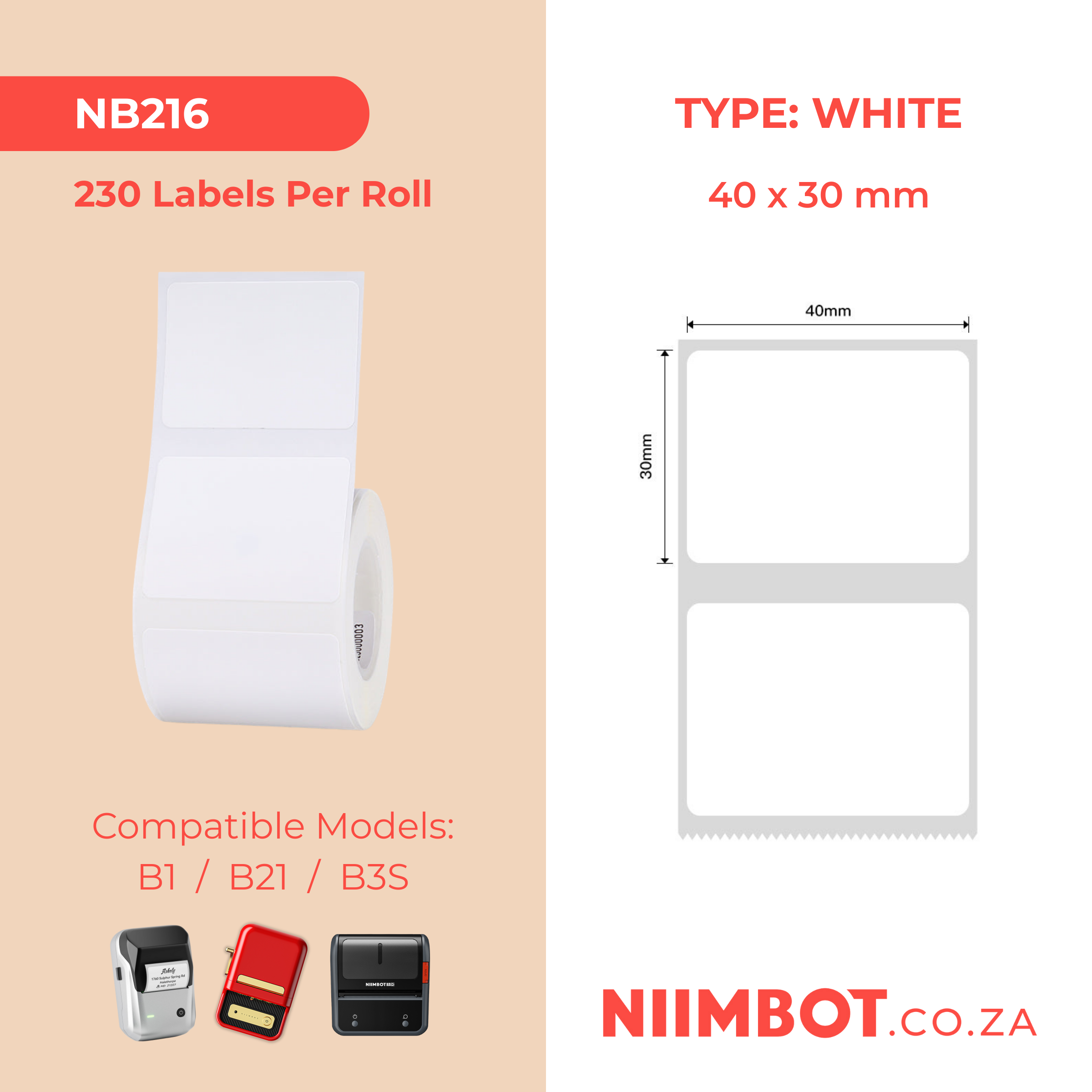 NB216 - NIIMBOT - B1 / B21 / B3S / B4 - 40X30MM - 230 LABELS PER ROLL - WHITE