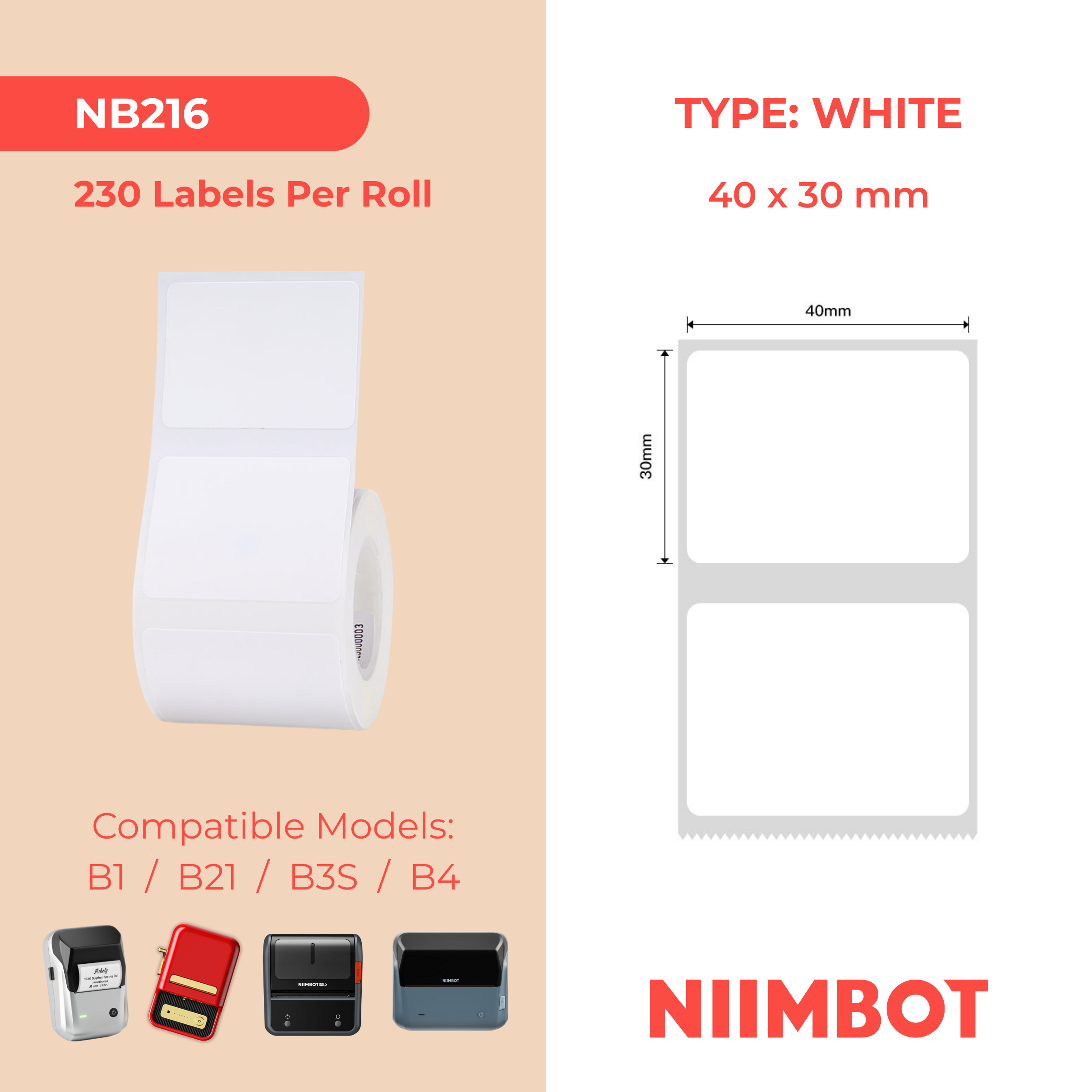 NB216 - NIIMBOT - B1 / B21 / B3S / B4 - 40X30MM - 230 LABELS PER ROLL - WHITE