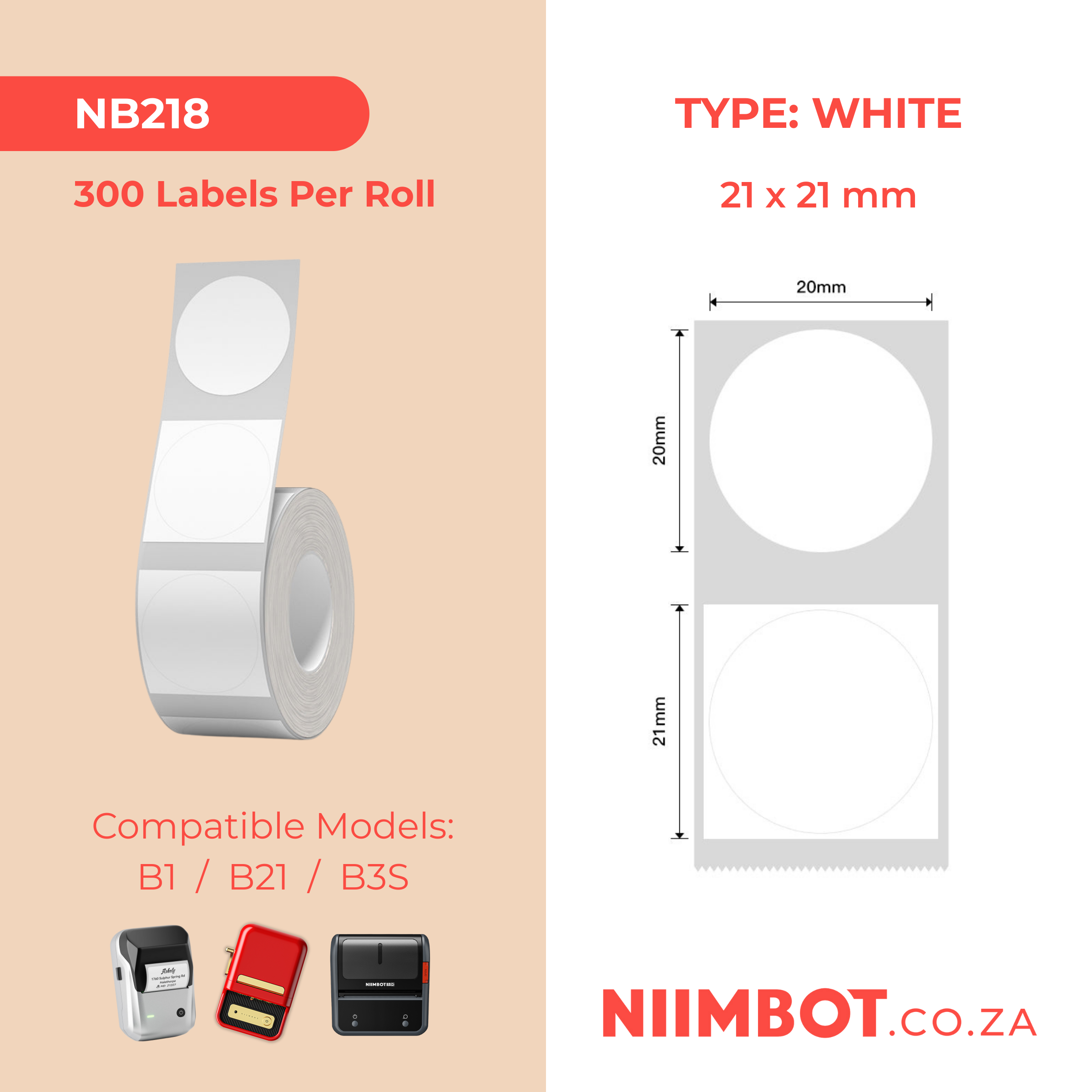NB218 - NIIMBOT - B1 / B21 / B3S / B4 - 21X21MM - 300 LABELS PER ROLL - ROUND - WHITE