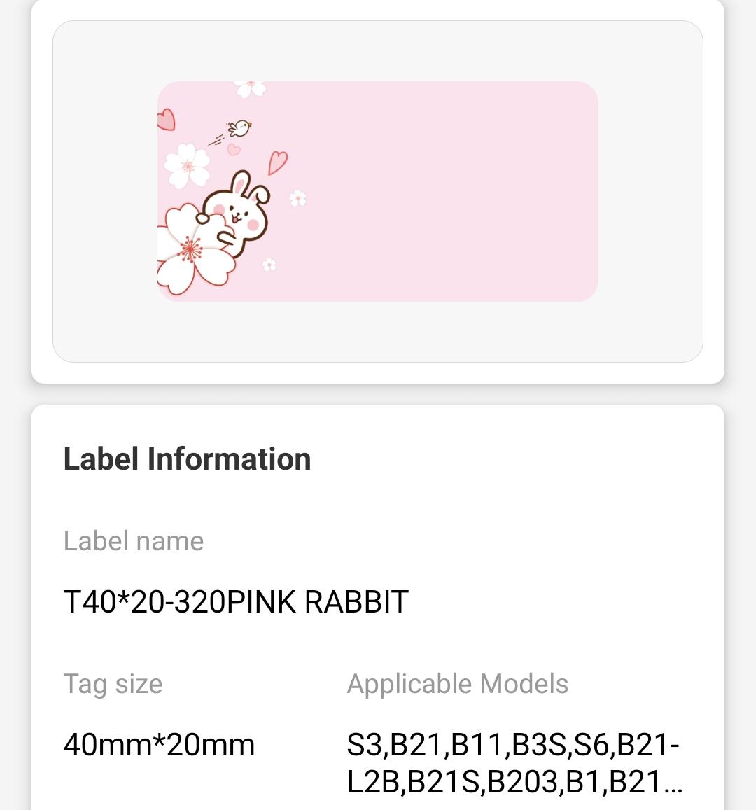 NB219 - NIIMBOT - B1 / B21 / B3S / B4 - 40X20MM - 320 THERMAL LABELS - PINK RABBIT DESIGN