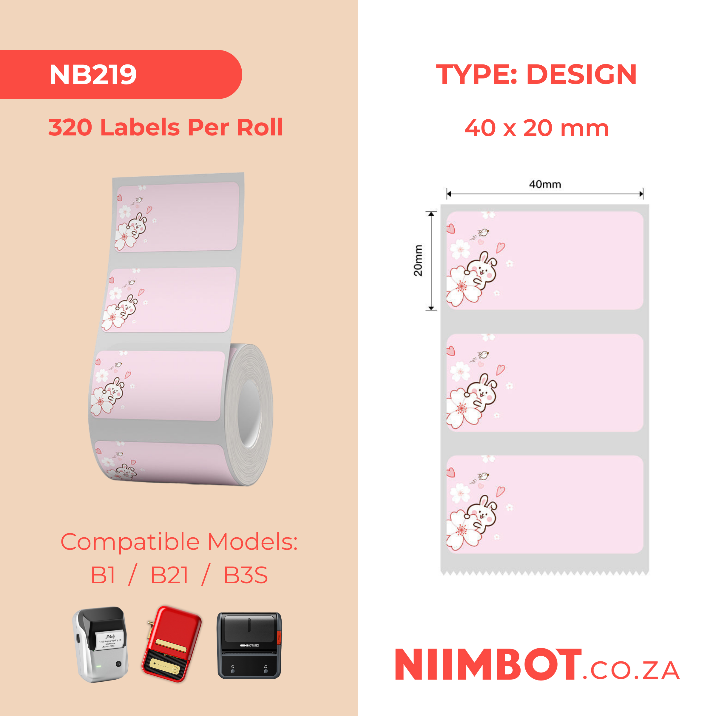 NB219 - NIIMBOT - B1 / B21 / B3S / B4 - 40X20MM - 320 THERMAL LABELS - PINK RABBIT DESIGN