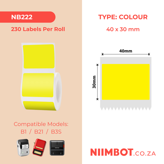 NB222 - NIIMBOT - B1 / B21 / B3S - 30X40MM - 230 LABELS PER ROLL - SOLID - YELLOW