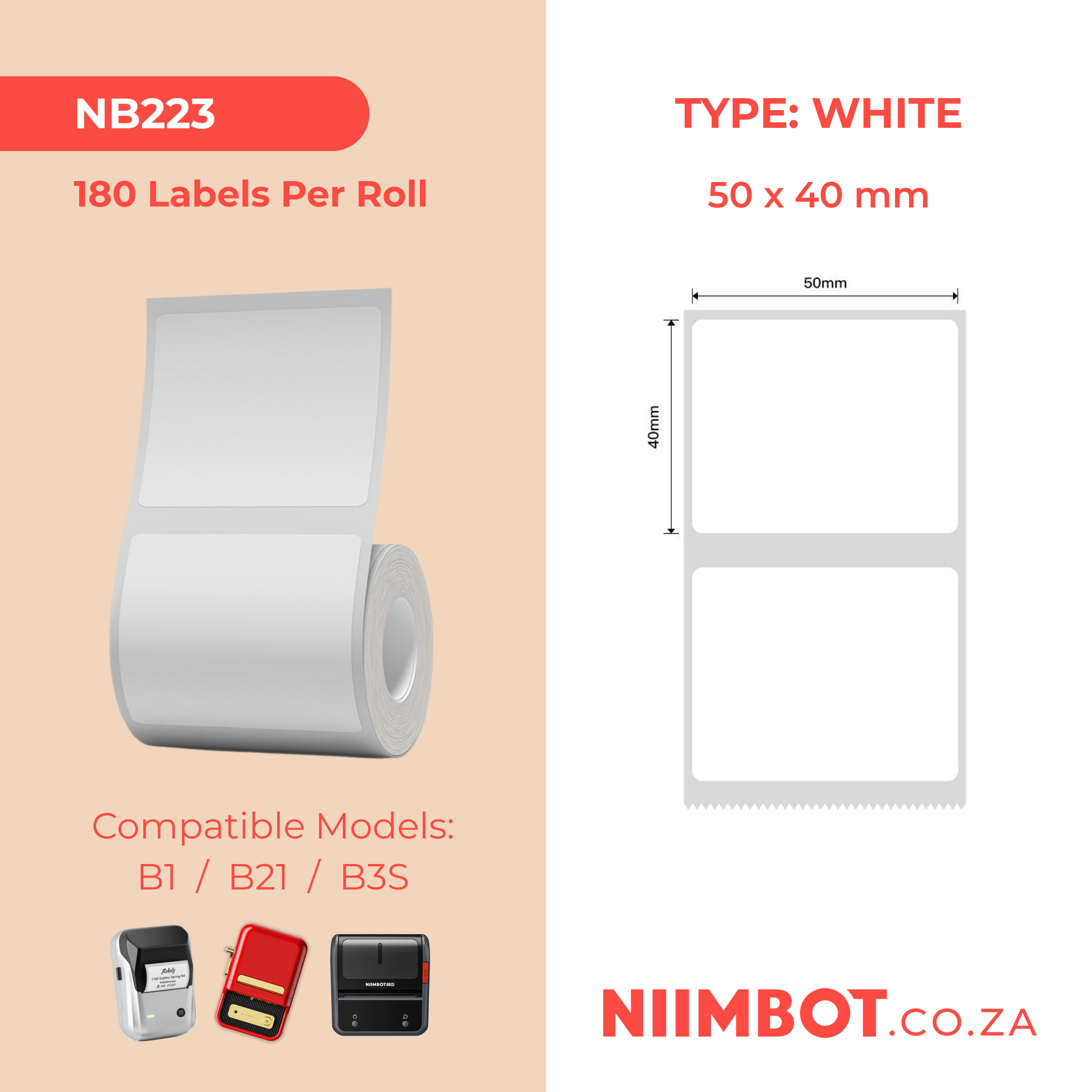 NB223 - NIIMBOT - B1 / B21 / B3S / B4 - 50X40MM - 180 LABELS PER ROLL - WHITE
