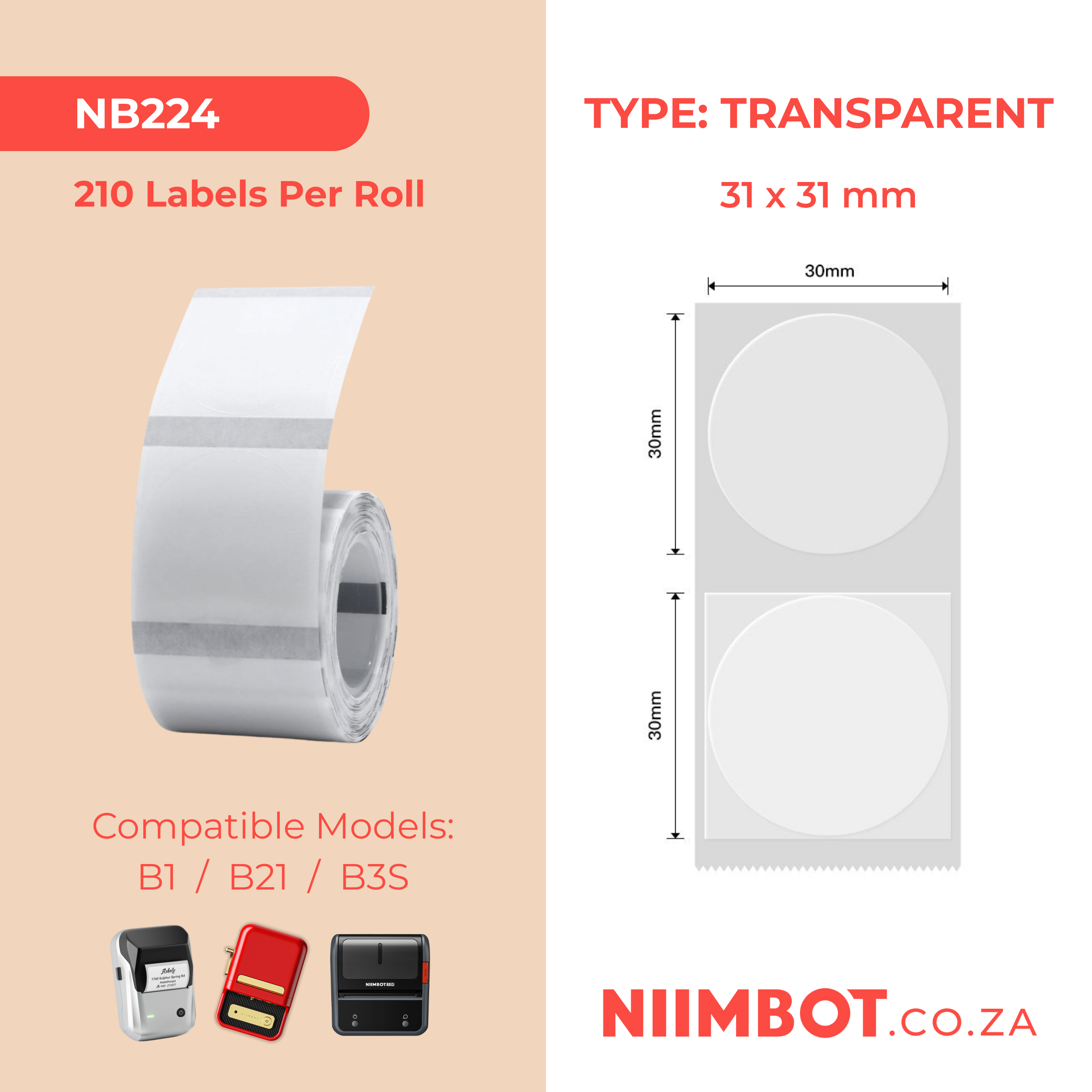 NB224 - NIIMBOT - B1 / B21 / B3S / B4 - TT31X31MM - 210 LABELS PER ROLL - ROUND - TRANSPARENT