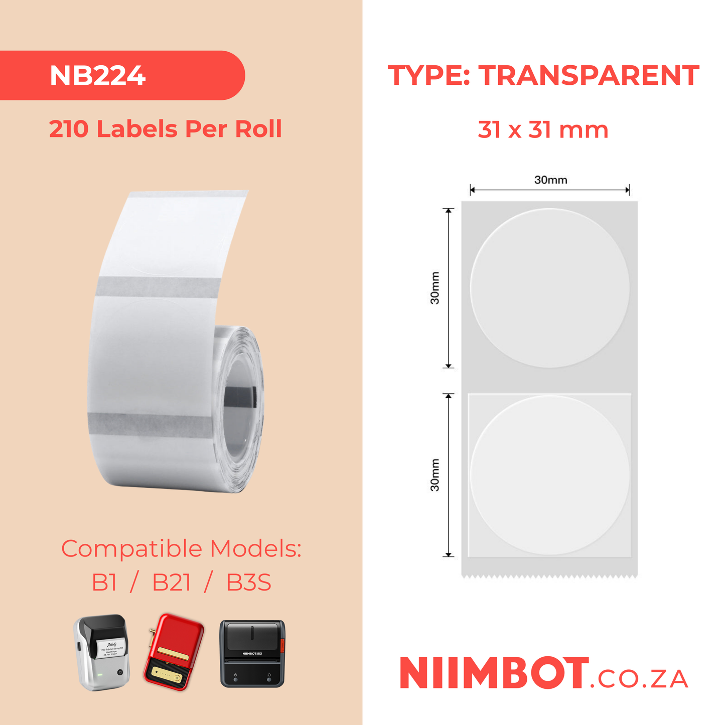 NB224 - NIIMBOT - B1 / B21 / B3S - TT31X31MM - 210 LABELS PER ROLL - ROUND - TRANSPARENT