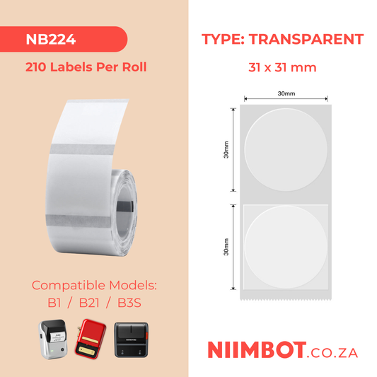 NB224 - NIIMBOT - B1 / B21 / B3S - TT31X31MM - 210 LABELS PER ROLL - ROUND - TRANSPARENT
