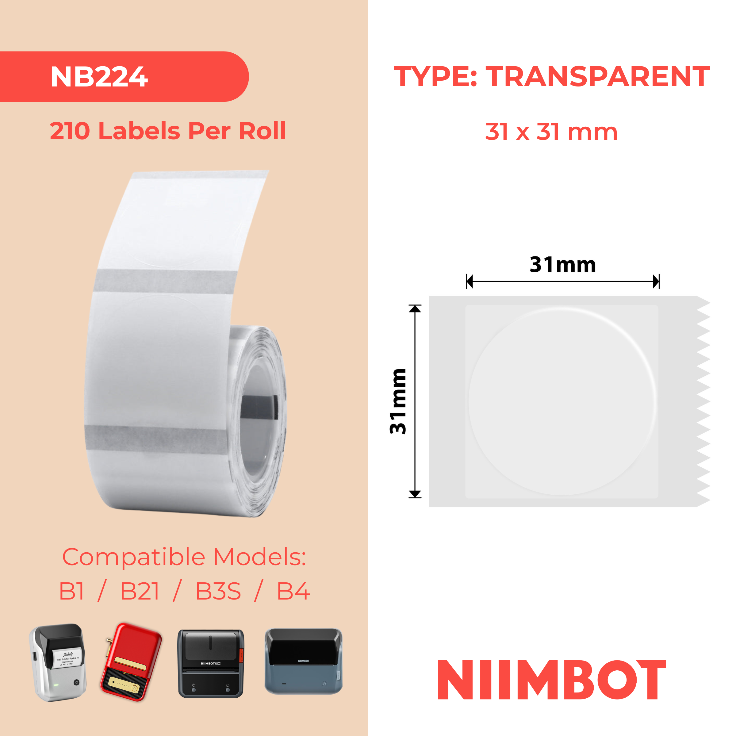 NB224 - Niimbot - B1 / B21 / B31 / B3S / B4 - 31x31mm - 210 Transparent Round Labels