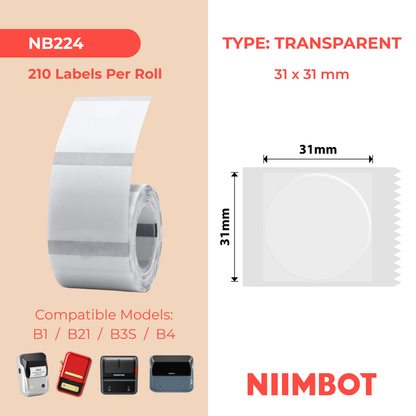 NB224 - Niimbot - B1 / B21 / B31 / B3S / B4 - 31x31mm - 210 Transparent Round Labels