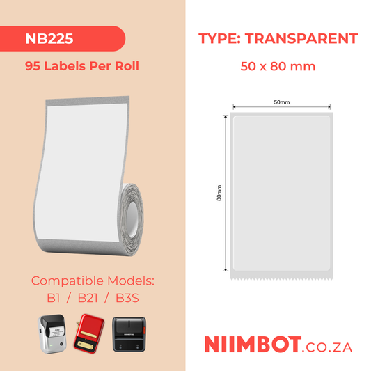 NB225 - NIIMBOT - B1 / B21 / B3S - TT50X80MM - 95 LABELS PER ROLL - TRANSPARENT