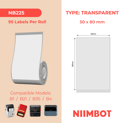 NB225 - NIIMBOT - B1 / B21 / B3S / B4 - TT50X80MM - 95 LABELS PER ROLL - TRANSPARENT